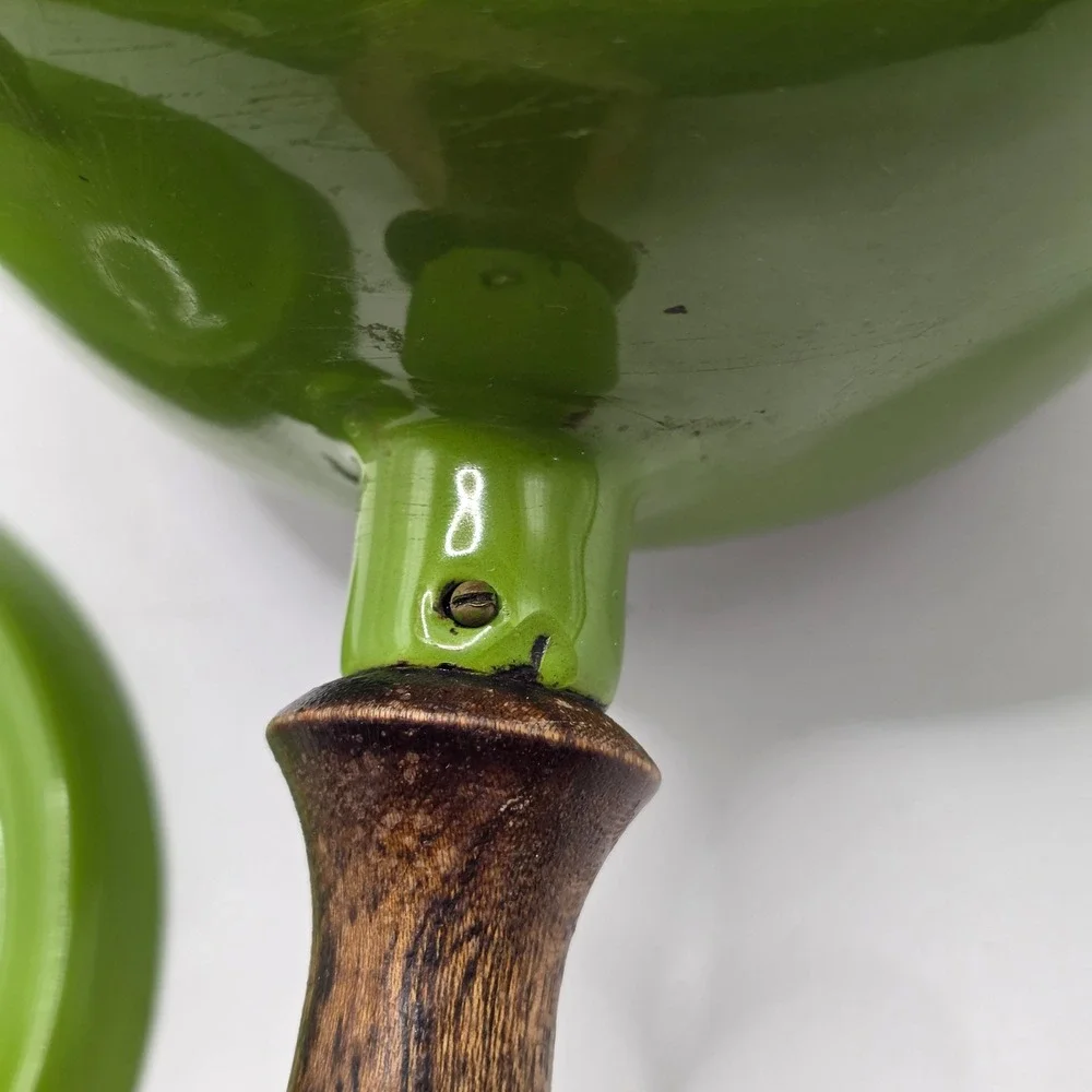 Vintage Enamel Mid Century Lime Green Wood Handle MCM Retro Cookware 70s